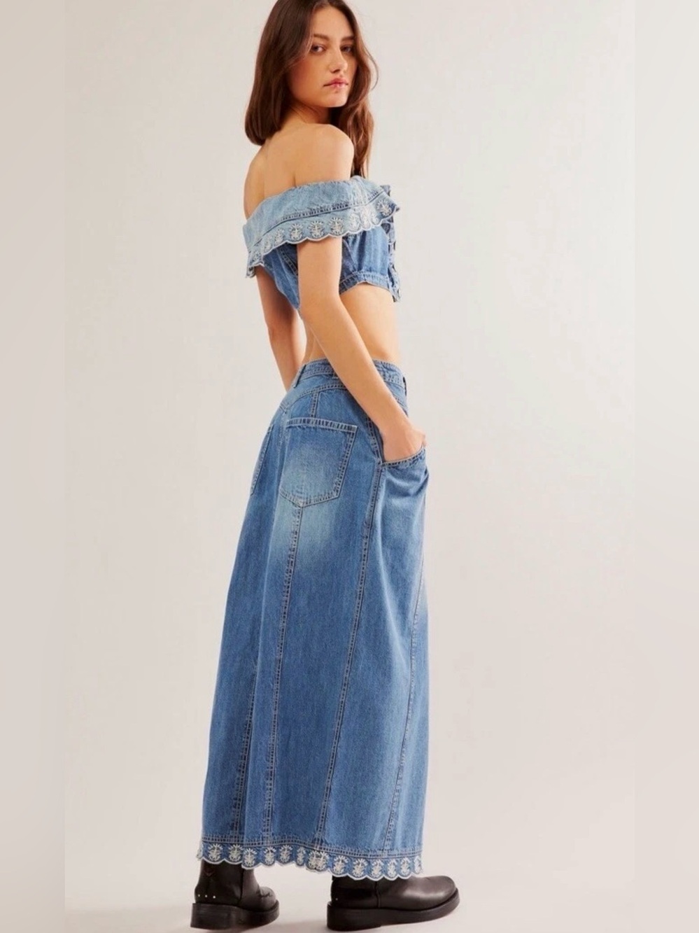 Free People Kora Set Denim Off The Shoulder Top Skirt Embroidered Trim Blue